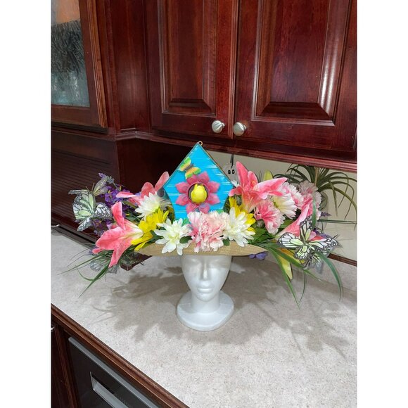 Kentucky Derby Handmade Floral Wide-Brim Straw Hat With Vibrant Flowers Butterfl - Picture 11 of 11